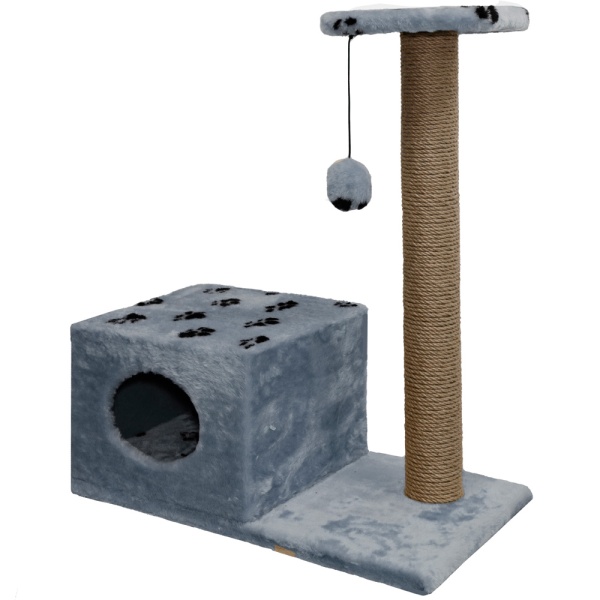 Когтеточка домик с полкой на основании квадратная мех джут серый с игрушкой 37*68*80см/DONBARON