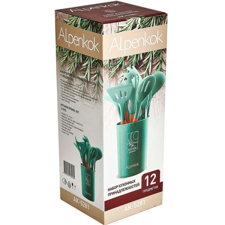 Набор кухонный 12 предметов на подставке силикон мятный AK-5281 /16шт/ Alpenkok 